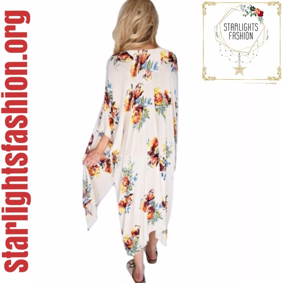 Ivory Floral Side Slit Boho Kimono - Picture 6 of 7